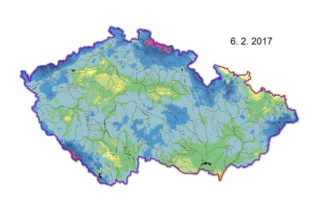 Sněhová vodní hodnota [mm] 0 2 5 10 20 50 100 150 200 500 750 1000 2000 Obrázek: Přehled rozložení vodní hodnoty sněhu (SVH) na území ČR v únoru 2017.