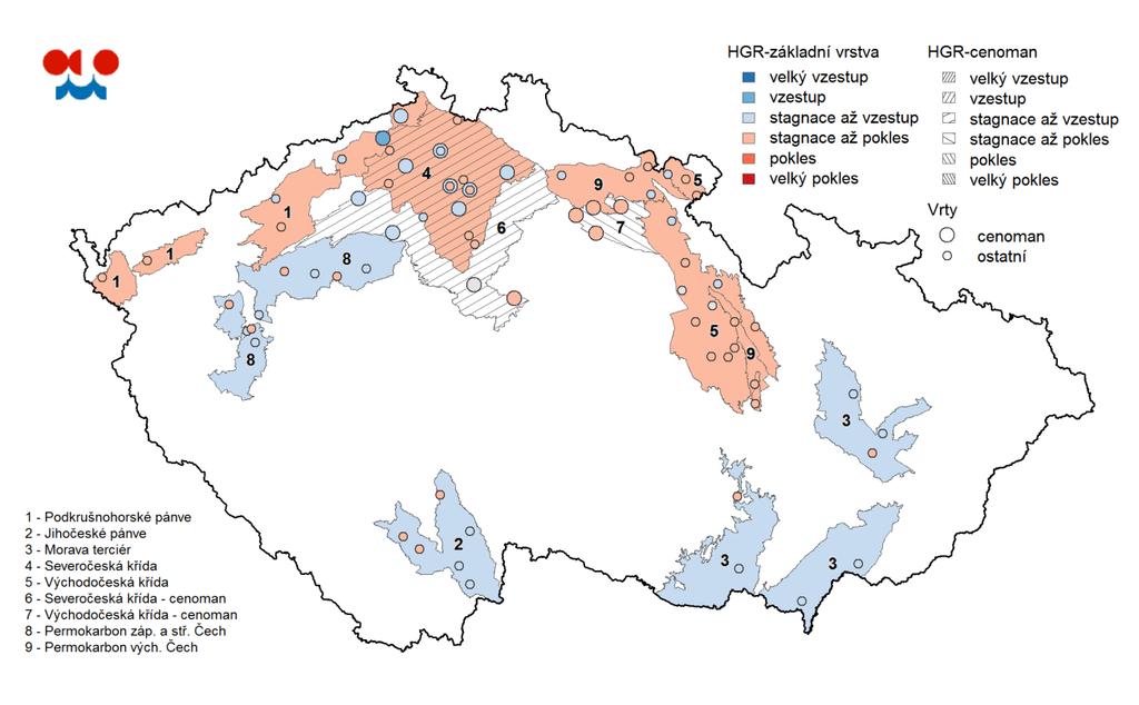 Mapa: Změna hladin v hlubokých vrtech v