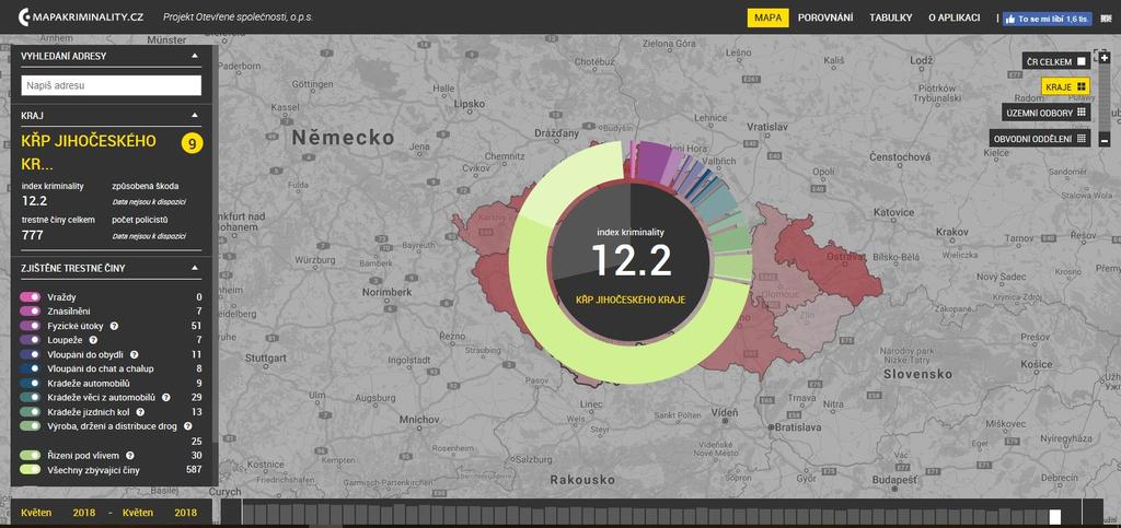 Mapa č.7: Index kriminality JČ Kraj (květen 2018) Zdroj: http://www.mapakriminality.