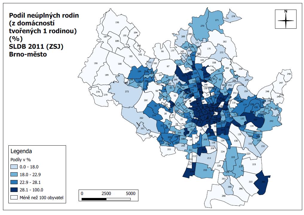 Podíl neúplných rodin (z domácností tvořených 1 rodinou) Také rozloţení ZSJ podle podílu neúplných rodin zřetelně diferencuje území Brna.