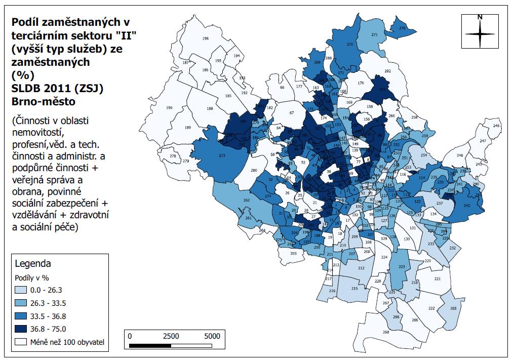 Podíl zaměstnaných v terciárním sektoru II (vyšší typ sluţeb) ze zaměstnaných (činnosti v oblasti nemovitostí, profesní, věd.