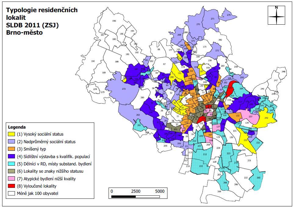 Typologie residenčních lokalit Brna Na základě výpočtu shlukové analýzy se nabízí osm obecnějších typů brněnských obytných lokalit.