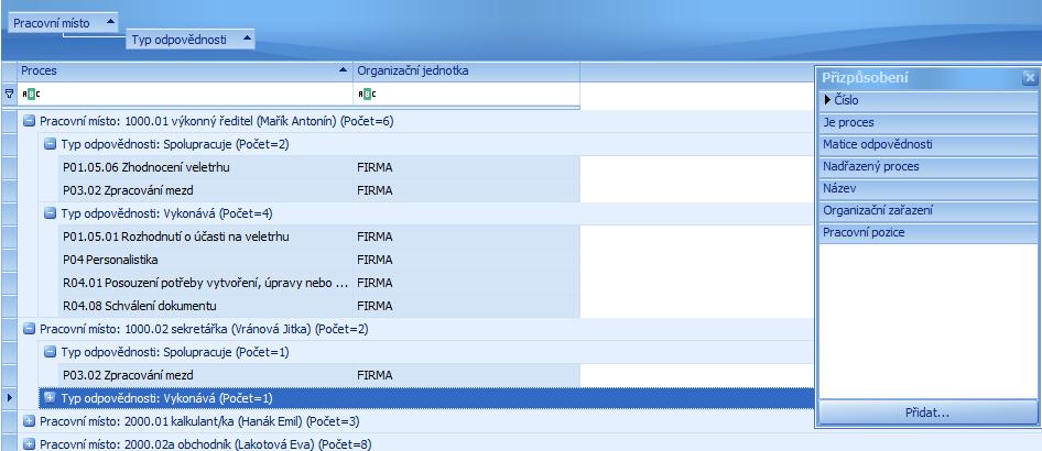 Obr. seskupení tabulky podle sloupců Pracovní místo a Typ odpovědnosti + okno Přizpůsobení na přidání dalších sloupců Editor filtru: Aplikace umožňuje vytvářet si komplikovanější uživatelské filtry a