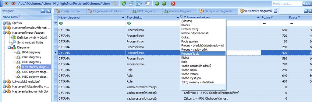 Obr. přehled všech elementů napříč diagramy s určením pozice X a Y a akcí pro hromadné skrytí vybraných typů objektů (viz rozbalovací kombo) a akcí rychlého importu 2.6.