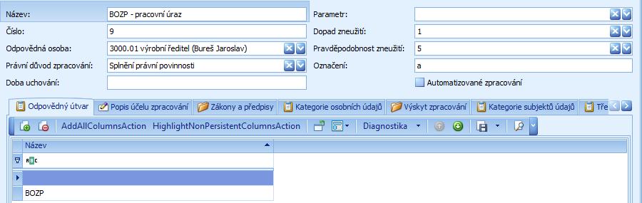 Obr. detail karty zpracování po dokončení vlastní customizace, např. bylo upraveno rozložení kolonek v záhlaví objektu, byly přesunuty a přejmenovány jednotlivé záložky 2.8.1. Audit (logování) vs.