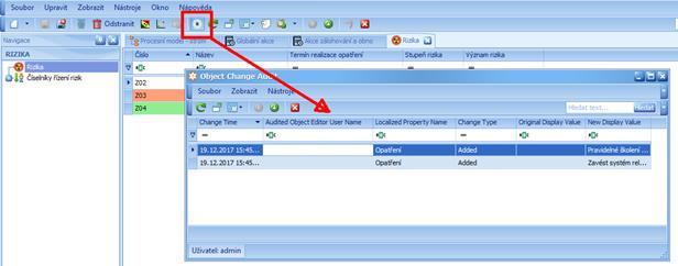 Obr. detail záznamu Audit objektu (logování) pro záznam rizika, vidíme zalogované přidání opatření 3.