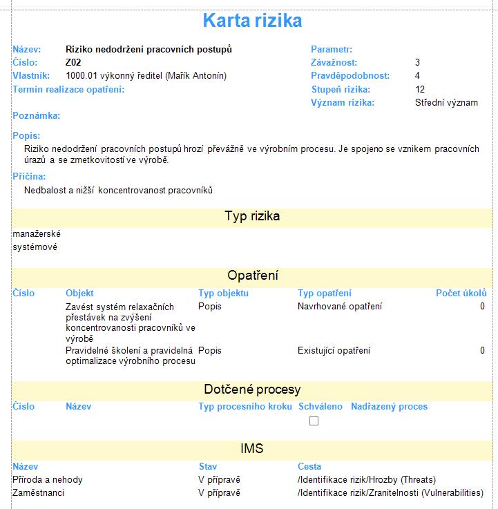 část tiskové sestavy pro kartu rizika, s definicí odpovědnosti