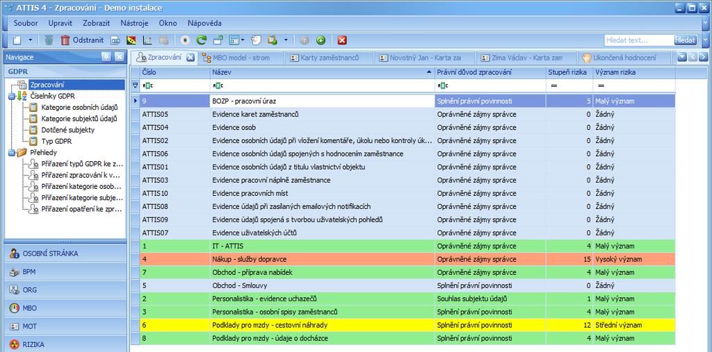 10.1. Základní funkce a členění modulu Modul GDPR slouží k evidenci karet zpracování osobních údajů a jejich klasifikaci v podobě rizikovosti vnímaných organizací.