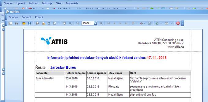 Obr. ukázka tiskové sestavy nedokončených úkolů pro konkrétního řešitele, sestava může být rovněž použita jako podklad po zasílání emailových notifikací např.