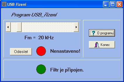 Adaptivní kmitočtový filtr 68 Konec Obr. 4.5 Aplikace USB_řízení s připojenou FTDI deskou a nezdařeným přeladěním Stiskem tlačítka Konec, viz obr. 4.4 nebo křížku v pravém horním rohu ukončíme běh programu.