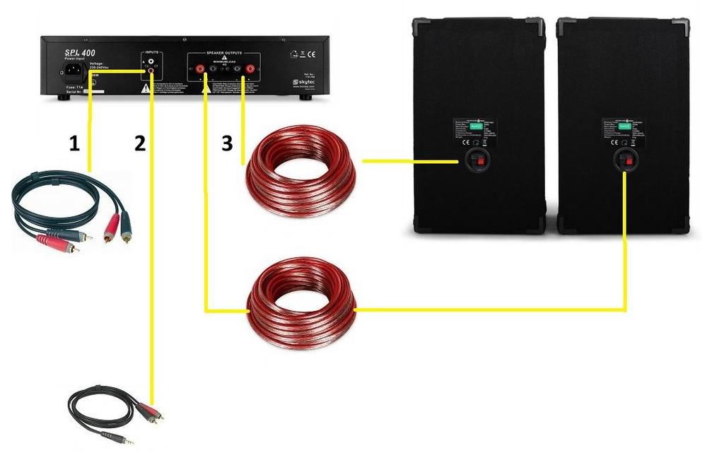 Schéma zapojení 1 připojení pomocí cinch-cinch kabelu 2 připojení pomocí cinch/jack kabelu 3 zapojení