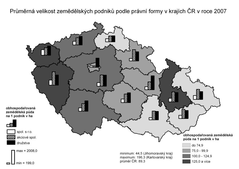 18 Praktická kartografie Obrázek č. 5: Kartogram a kartodiagram Kartogram kvantita sledovaného jevu je v jednotlivých regionech vyznačena barvou nebo rastrem (např.