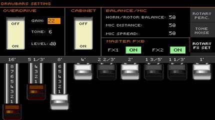 18 Stránka Rotary FX Set Přidali jsme novou stránku Rotary FX Set. Tato stránka umožňuje nezávisle programovat hlasitost rotoru a horny, také efekty, a simulovat mikrofony a kabinety.