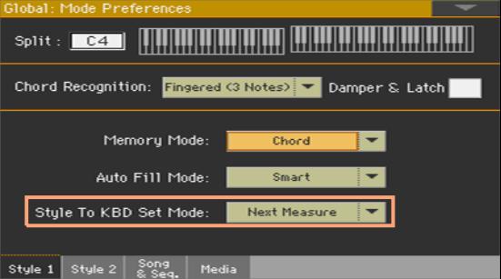 21 Programování Style to Kbd Set [2.0] Můžete naprogramovat, jak bude fungovat funkce Style to Keyboard Set. 1 Jděte na stránku Global > Mode Preferences > Style 1.
