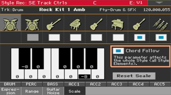 66 Jakou zvolíte tóninu, bude záviset na dvou souběžných parametrech: volbě Chord Follow uvnitř stylu, a Retune Style parametru, přiřazenému spínači, footswitchi nebo EC5 spínači.