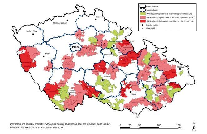 Dále uvádíme mapku typologie MAS dle obcí ORP. Zde se jedná o to, zda MAS zahrnuje nebo nezahrnuje obec (město) s rozšířenou působností.