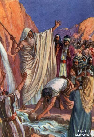 Voda ze skály, biblická ilustrace 4) JE BŮH S NÁMI? 7 To místo pojmenoval Massa a Meriba kvůli při synů Izraele a kvůli jejich pokoušení Hospodina slovy: Je Hospodin uprostřed nás, nebo není?