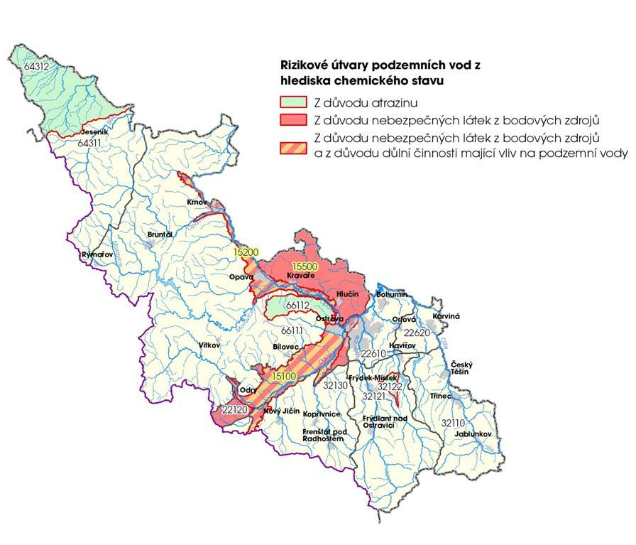 Rizikovost podzemních vod z hlediska chemického stavu Při hodnocení rizikovosti z hlediska chemického stavu byly posuzovány následující typy vlivů: dusík, atrazin, acidifikace, vstup nebezpečných