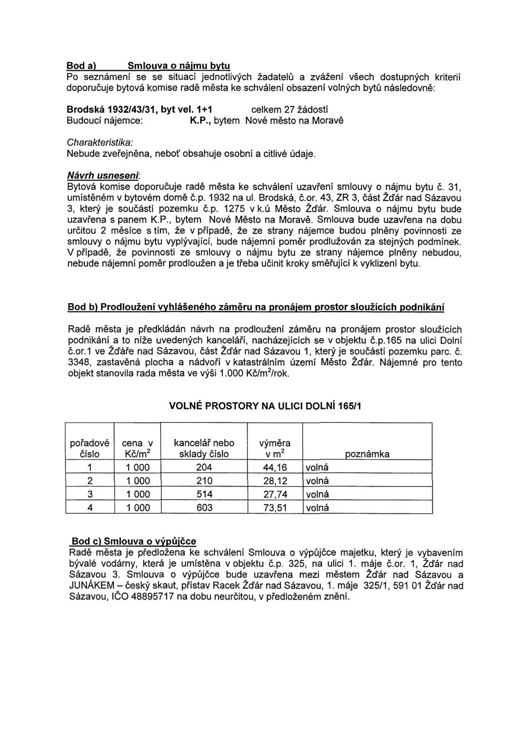 Bod a) Smlouva o nájmu bytu Po seznámení se se situací jednotlivých žadatelů a zvážení všech dostupných kriterií doporučuje bytová komise radě města ke schválení obsazení volných bytů následovně: