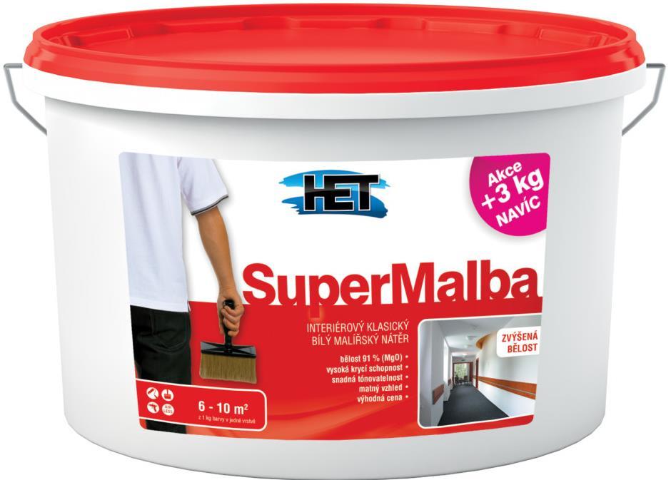 HET SUPERMALBA 15+3 KG NAVÍC 359,- 288,- Klasický malířský tekutý nátěr do vnitřních prostor, vodou ředitelný, paropropustný, matný, vysoce krycí a roztíratelný.