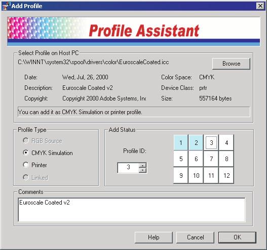 3. Hlavní okno nástroje Asistent profilu zobrazuje profily, které jsou uloženy na pevném disku vybrané tiskárny. Načtení nového profilu do tiskárny: (a) (b) (c) (d) (e) Klepněte na tlačítko [Přidat].