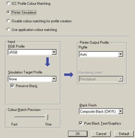 Windows Pokud používáte zdrojový dokument RGB, simulujte výstup jiné tiskárny výběrem následujících nastavení v ovladači tiskárny: 1.