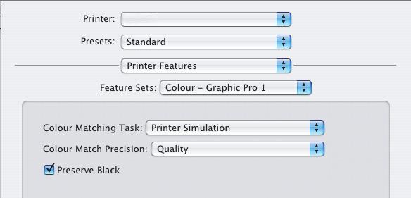6. Z nabídky [Sady funkcí] (5) vyberte příkaz [Barva Profesionální grafika 1]. 5 6 7. Z nabídky [Úkol přizpůsobení barev] (6) vyberte příkaz [Simulace tiskárny].