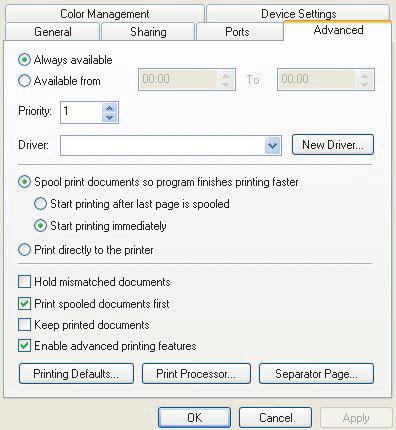Oddělovací stránka systému Windows Oddělovací stránku lze nastavit v okně výchozích vlastností ovladače tiskárny.