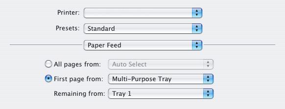 Mac OS X 1. Zvolte příkaz [Soubor] [Tisk]. 1 2 3 4 2. Z nabídky [Tiskárna] (1) vyberte model tiskárny. 3. Vyberte [Podávání papíru] (2). 4. Vyberte zásobníky nebo typy papíru, které chcete použít pro první stránku a zbývající stránky (3).