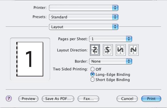 Mac OS X 1. V aplikaci zvolte příkaz [Soubor] [Tisk]. 1 2 3 2. Z nabídky [Tiskárna] (1) vyberte model tiskárny. 3. Vyberte možnost [Rozložení] (2). 4.