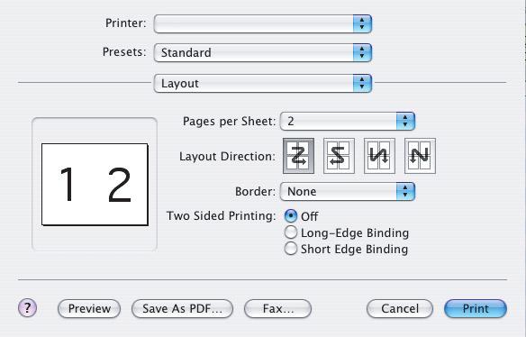 Mac OS X 1. V aplikaci zvolte příkaz [Soubor] [Tisk]. 1 2 3 4 5 2. Z nabídky [Tiskárna] (1) vyberte model tiskárny. 3. Vyberte možnost [Rozložení] (2). 4. Z nabídky [Stránky na list] (3) vyberte počet stránek, které chcete umístit na jeden list papíru.