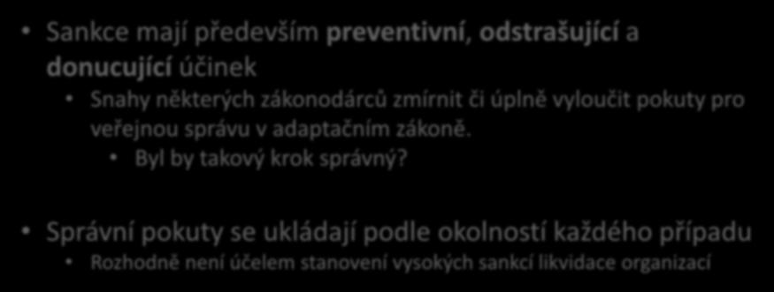 Podmínky pro ukládání pokut podle GDPR Sankce mají především preventivní, odstrašující a donucující účinek Snahy některých zákonodárců zmírnit či úplně vyloučit pokuty pro veřejnou