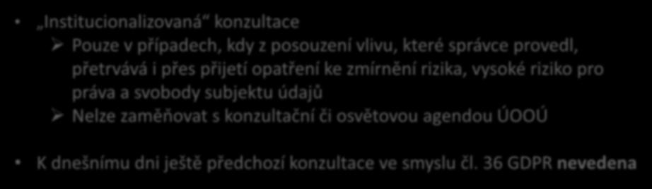 Předchozí konzultace Institucionalizovaná konzultace Pouze v případech, kdy z posouzení vlivu, které správce provedl, přetrvává i přes přijetí opatření ke zmírnění rizika,