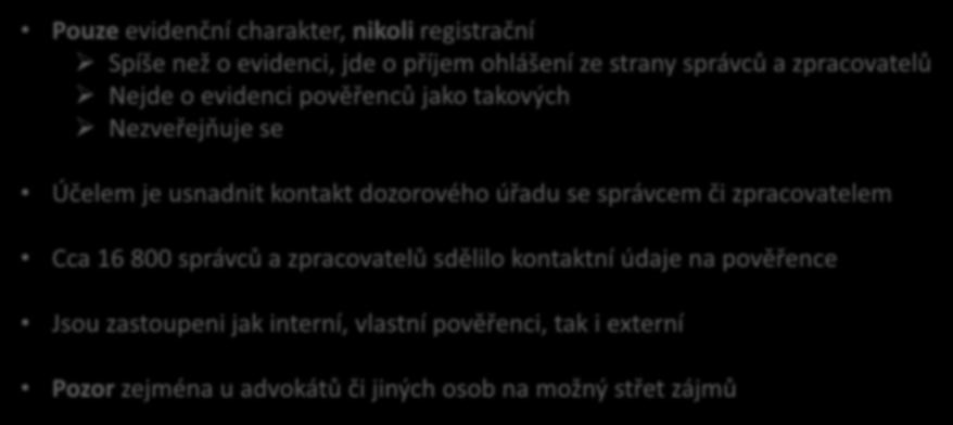 Evidence kontaktních údajů na pověřence Pouze evidenční charakter, nikoli registrační Spíše než o evidenci, jde o příjem ohlášení ze strany správců a zpracovatelů Nejde o evidenci pověřenců jako