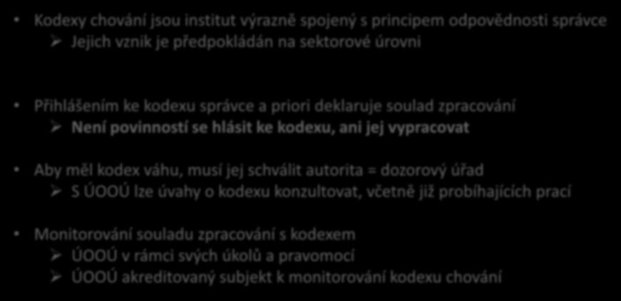 Činnost u kodexů chování Kodexy chování jsou institut výrazně spojený s principem odpovědnosti správce Jejich vznik je předpokládán na sektorové úrovni Přihlášením ke kodexu správce a priori