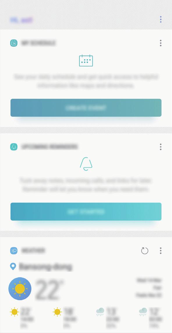 Aplikace a funkce Domovská stránka služby Bixby Na domovské obrazovce služby Bixby můžete zobrazit doporučené služby a informace, které Bixby poskytuje na základě analýzy vašich způsobů použití a