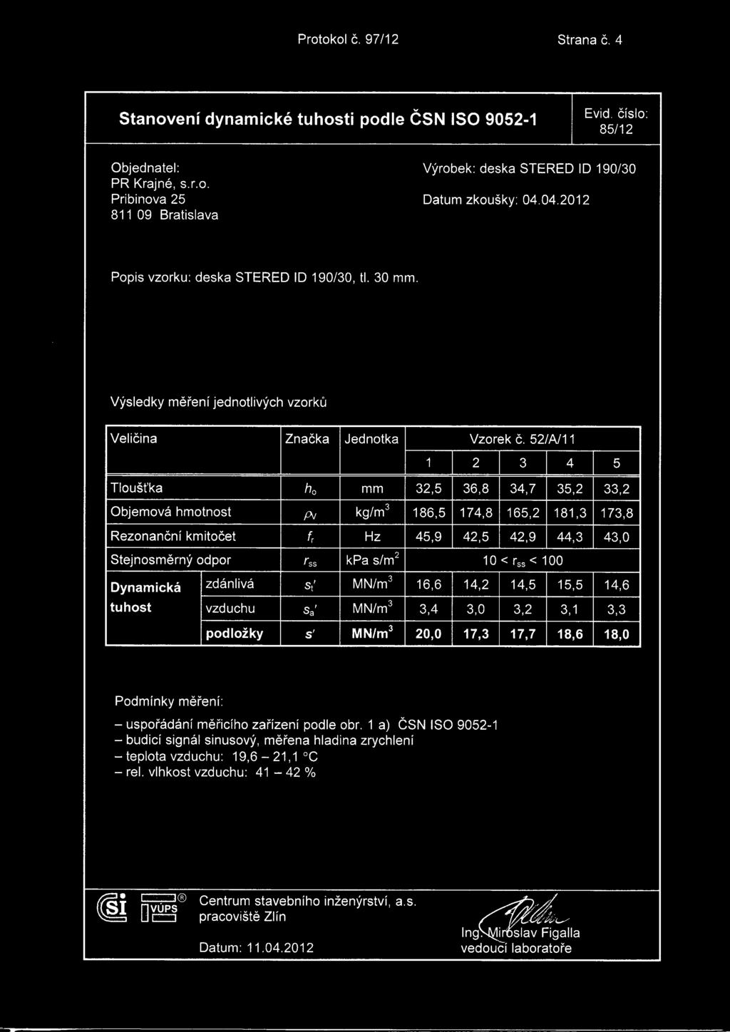 Protokol c. 97/12 Strana c. 4 Stanoveni dynamicke tuhosti podie CSN ISO 9052-1 85/12 Vyrobek: deska STERED ID 190/30 Popis vzorku: deska STERED ID 190/30, tl. 30 mm.