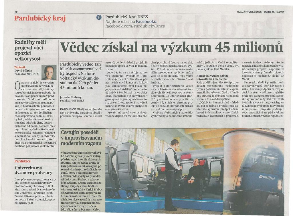 82 Pardubický kraj o Pardubický kraj DNES Najdete nás i na Facebooku facebook.com/pardubickydnes MLADA FRONTA DNES I čtvrtek 18. 12.