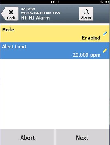 6. Na obrazovce Alert Limit (Výstražný limit) zadejte pomocí numerické klávesnice bod výstrahy pro vybranou procesní výstrahu na