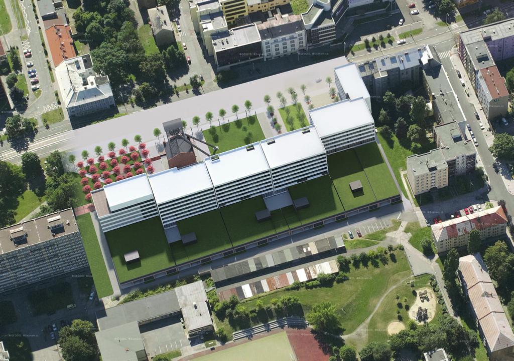 KOMPLEXNÍ ROZVOJ LOKALITY / relaxační zóna před budovou / vytvoření nové ulice za budovou umožňující lepší
