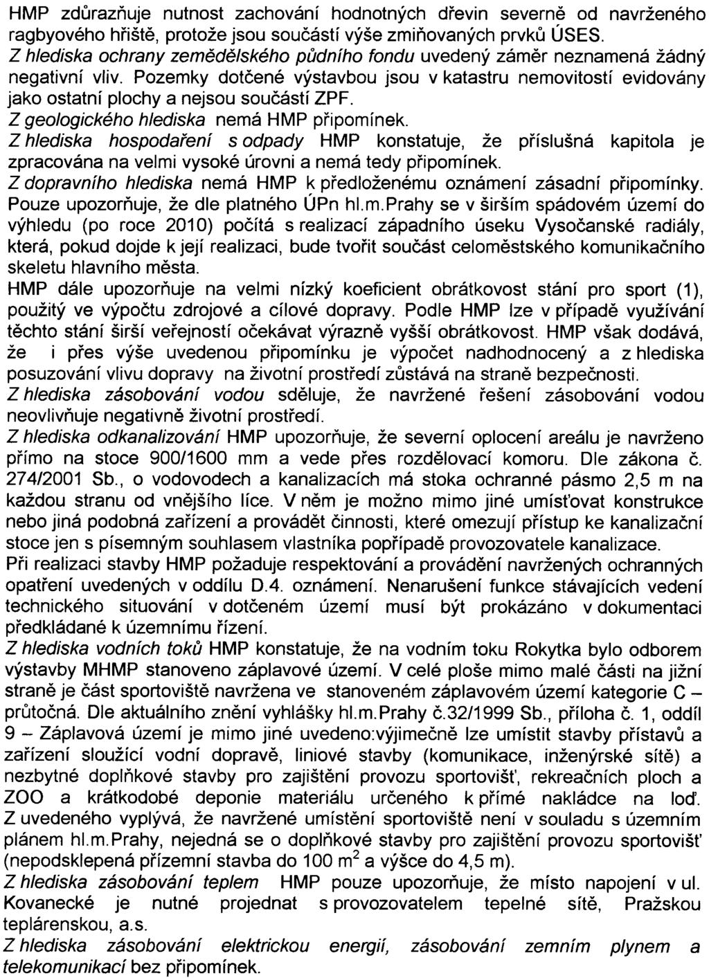 HMP zdùrazòuje nutnost zachování hodnotných døevin severnì od navrženého ragbyového høištì, protože jsou souèástí výše zmiòovaných prvkù ÚSES Z hlediska ochrany zemìdìlského pùdního fondu uvedený