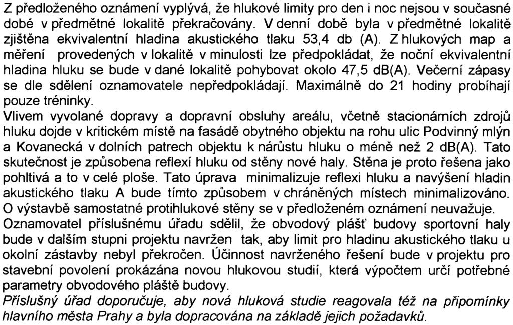 Z pøedloženého oznámení vyplývá, že hlukové limity pro den i noc nejsou v souèasné dobì v pøedmìtné lokalitì pøekraèovány V denní dobì byla v pøedmìtné lokalitì zjištìna ekvivalentní hladina