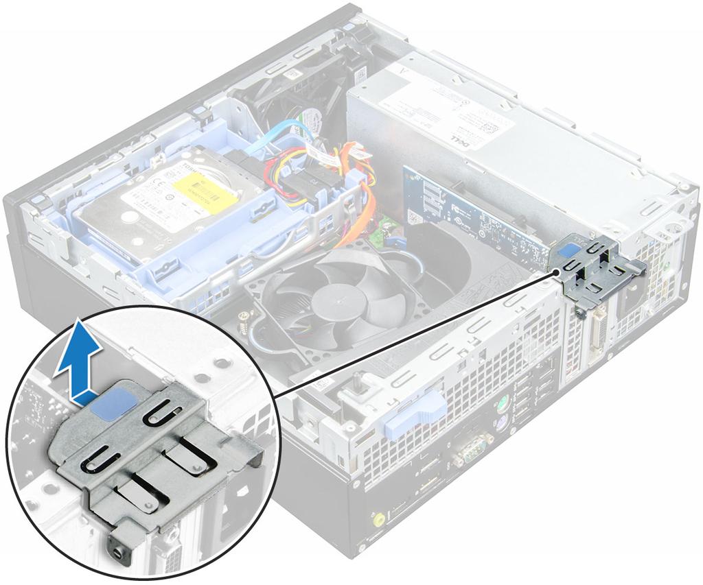 4 Vyjmutí rozšiřující karty PCIe: a Zatáhněte za západku a odemkněte rozšiřující kartu PCIe [1].