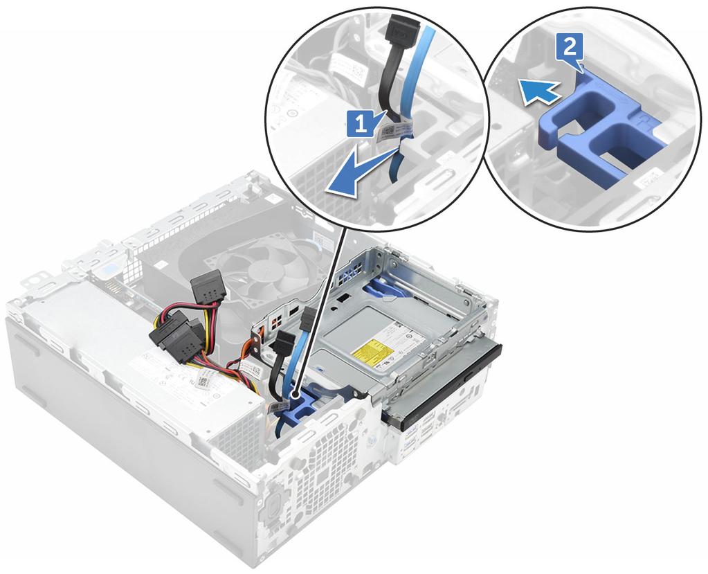 d Sestava 2,5" pevného disku 3 Demontáž optické jednotky: a Uvolněte kabely ze zajišťovací svorky [1]. b Posunutím modré západky uvolněte sestavu optické jednotky [2].