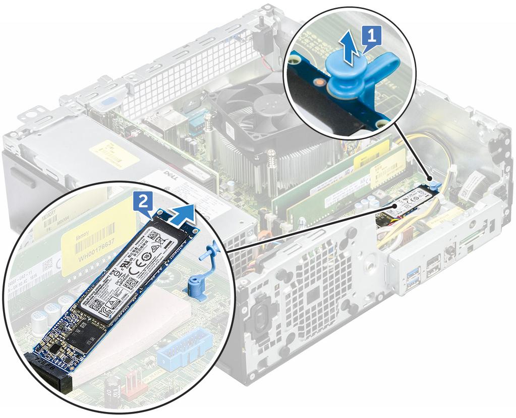 c d čelní kryt kryt 7 Postupujte podle postupu v části Po manipulaci uvnitř počítače. Disk SSD M.2 PCIe Demontáž disku M.2 PCIe SSD 1 Postupujte podle pokynů v části Před manipulací uvnitř počítače.