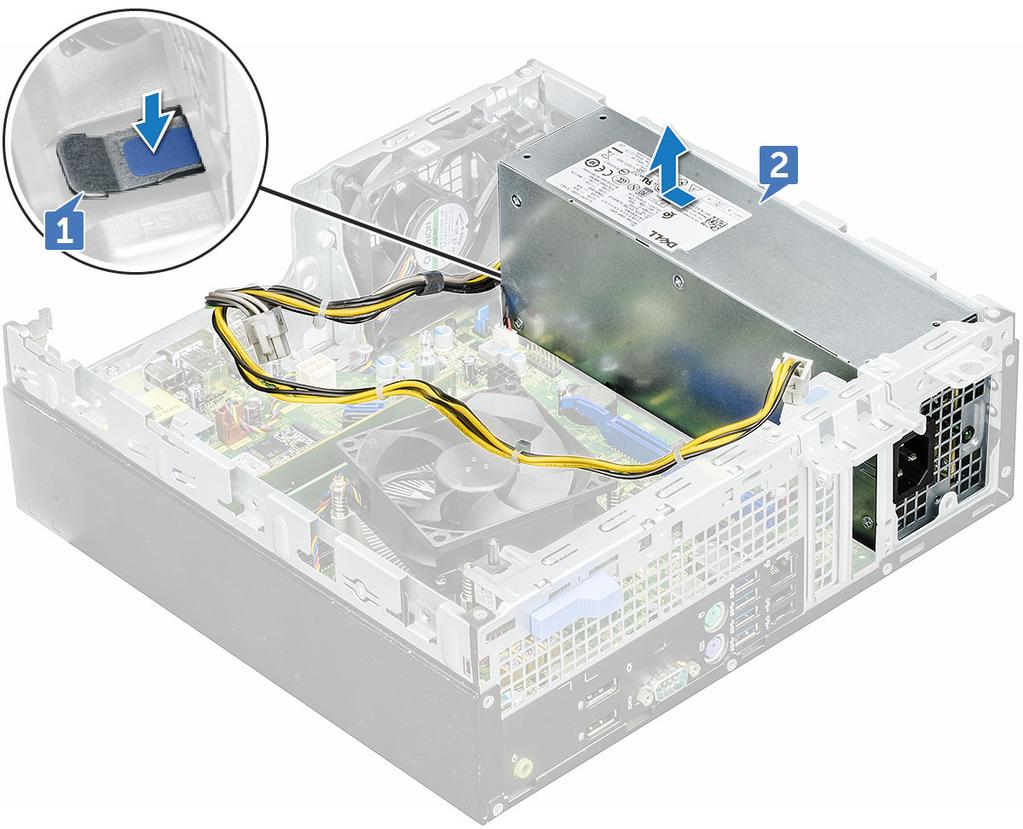 Montáž jednotky zdroje napájení PSU 1 Vložte jednotku PSU do příslušného slotu. 2 Posunujte jednotku PSU směrem k zadní straně počítače, dokud nezacvakne na místo.