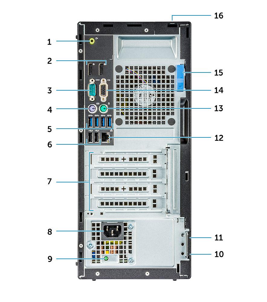 Pohled na šasi zezadu APU Radeon R7 řady A 1 Port výstupu zvuku 2 Konektor DisplayPort 3 Sériový port 4 Port PS/2 pro klávesnici 5 Port USB 3.1 1. generace 6 Porty USB 2.