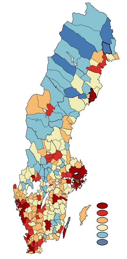 Obrázek 1: Relativní změna počtu obyvatel ve švédských obcích mezi roky 1968 a 2011 141 a více 121-140 101-120 81-100 61-80 60 a méně Zdroj: SCB (2012a). Pozn.: Index 100 je pro rok 1968.