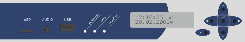 čelní panel usd AUDIO USB LED indikace POWER SYNC ALARM usd karta pro uložení přehrávaných zvuků a spínacích programů linkový audio výstup na 3,5 mm jack konektoru konektor USB-A pro připojení flash