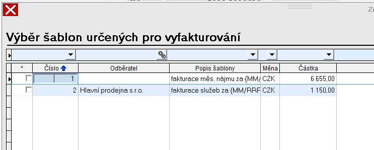 V druhém případě se rozbalí nabídka všech šablon, ze kterých je možné vybrat konkrétní šablony (skupinu), pro kterou budou faktury vystavovány, a to pomocí hvězdičkové metody.